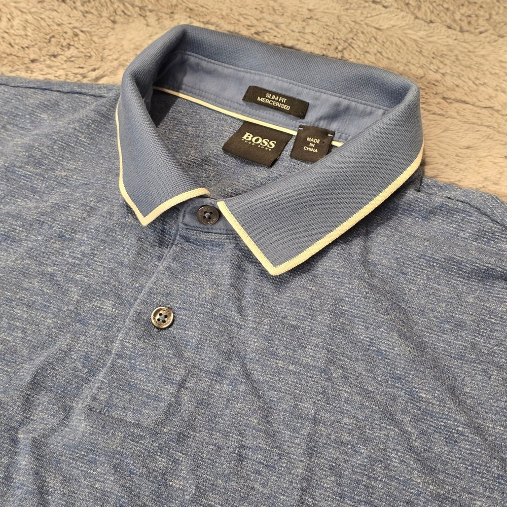 Hugo Boss Slim Fit Mercerised Cotton Polo Shirt Blue Heather Mens Medium